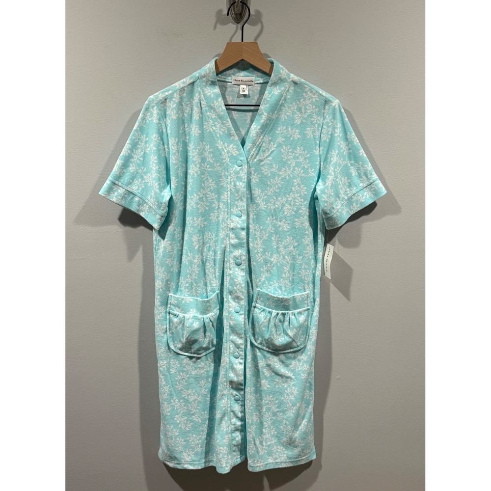 Miss Elaine Aqua Blue Floral Snap Front Robe Short Sleeve Pockets Small NEW